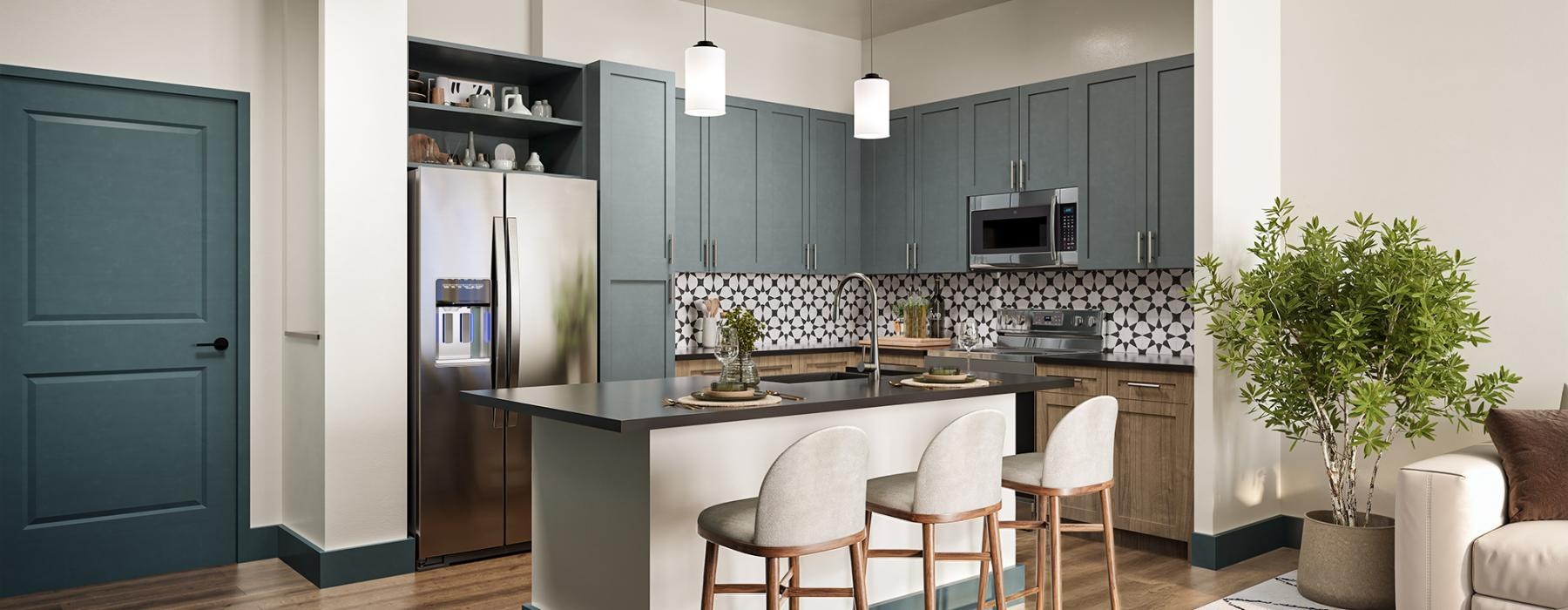 a kitchen with a bar and chairs